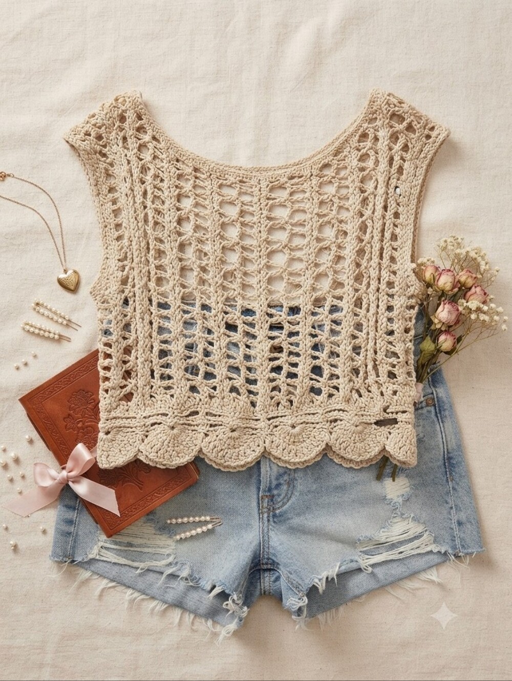 Abercrombie & Fitch Tan Cotton Chunky Crochet Open Tie Back Top